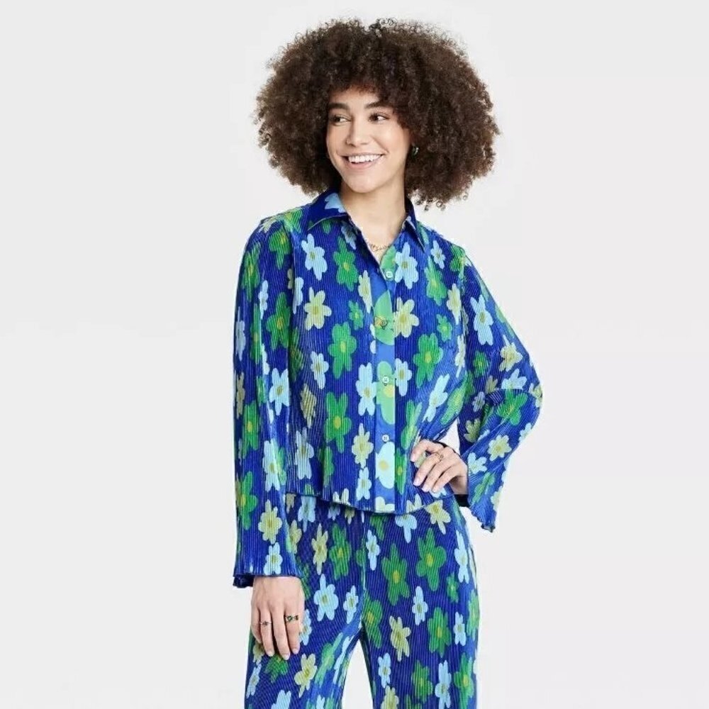 Sammy B‎ X Target Blue Pleated Floral Long Sleeve Top S